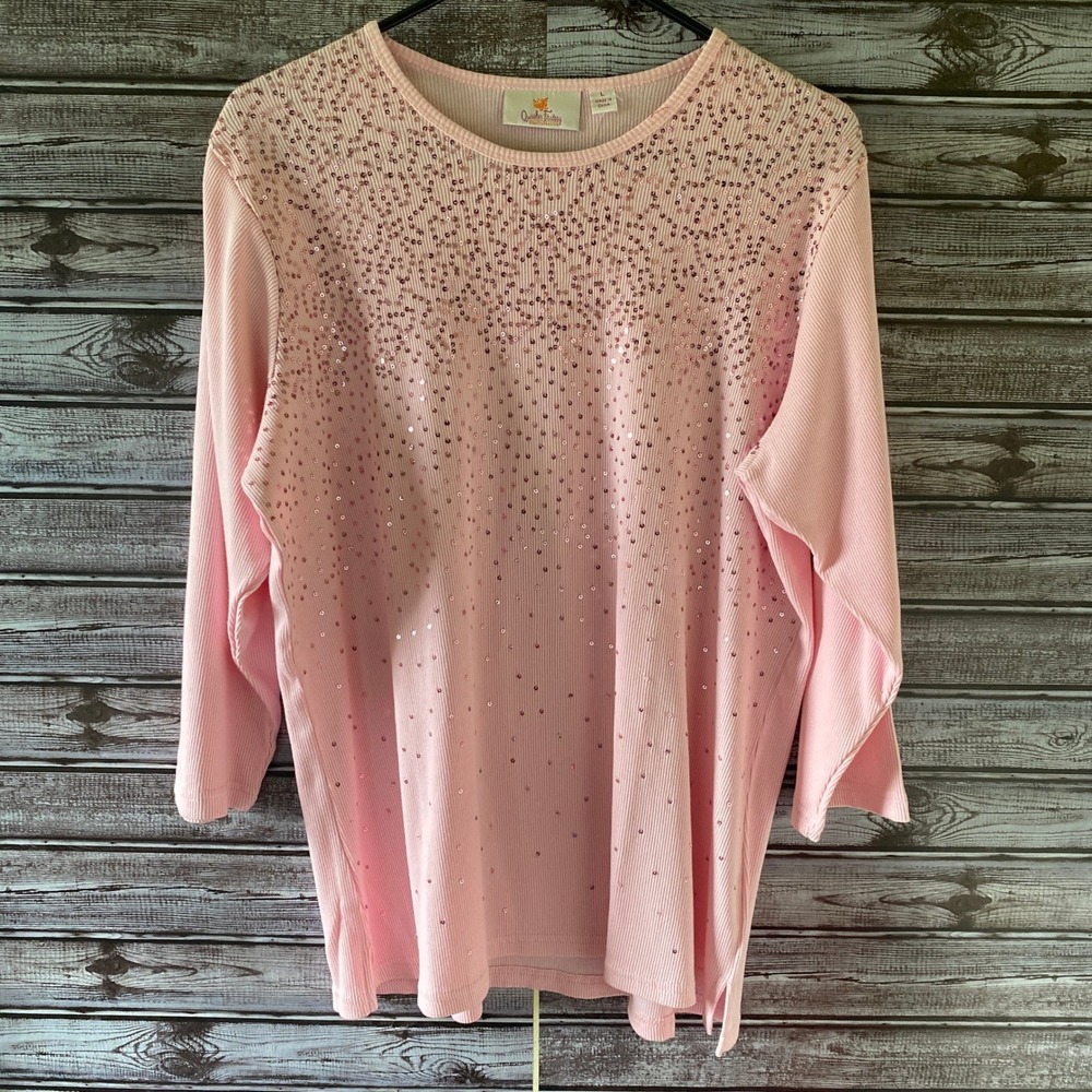 Quacker Factory Women's‎ Long-Sleeved Top Size L Pink Ribbed Embellished NWOT